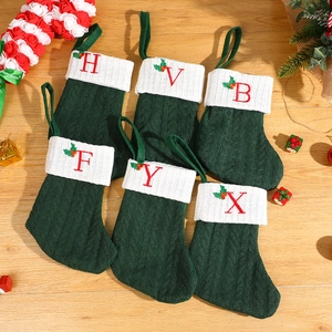 Christmas Stocking Knitted Green White Embroidered Initial Letter Holly Hanging Loop Fireplace Holiday Decor Gift Bag