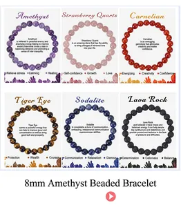 Detailed collection of 8mm natural stone beaded bracelets with product attribute cards