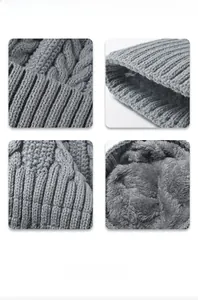 Detalle de gorro de punto trenzado gris con forro polar grueso y puño acanalado