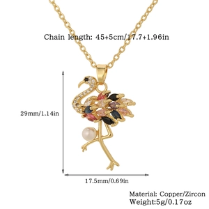 Detailed specs of golden flamingo pendant with zircon stones and pearl, chain length 50cm