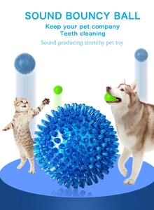 Blue squeaky TPR pet ball toy for dogs showing high elasticity and dental cleaning features
