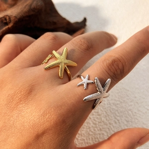 Vintage stainless steel starfish ring with adjustable band in gold and silver finish