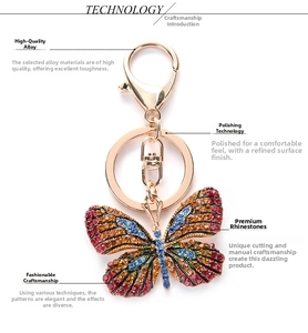 Detail of butterfly keychain with colorful rhinestones and gold alloy lobster clasp
