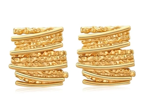 Detailed view of gold 18k hammered earrings with irregular molten lava texture design