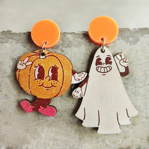 Retro Halloween wooden drop earrings featuring a cute pumpkin and ghost in vintage cartoon style