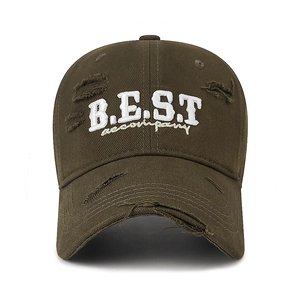 Distressed olive green baseball cap with BEST company embroidery and vintage frayed edges