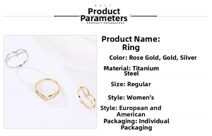 Detail view of V-shaped titanium steel rings in rose gold, gold, and silver finishes