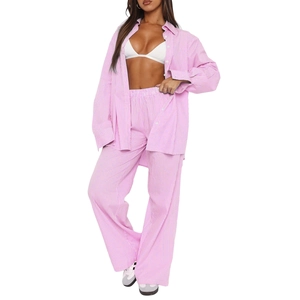 Pink and white striped high waist wide leg pants set with matching long sleeve shirt