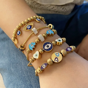 Evil Eye Snake Chain Bracelet Stainless Steel Enamel Elephant Heart Pendant Rhinestone Trendy Jewelry For Women
