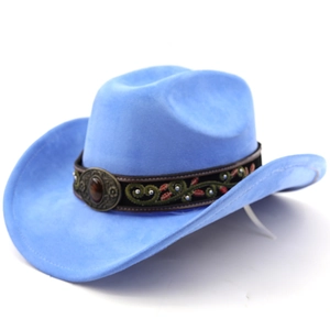 Close-up of light blue felt cowboy hat featuring embroidered band with a gemstone buckle