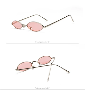 Detail view of pink lens sunglasses with gold metal frame from 90 and 180 degree angles