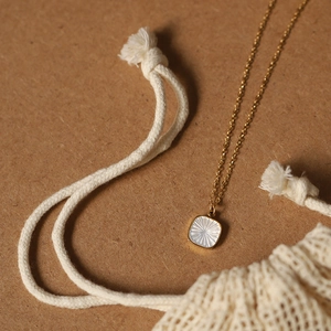Ethnic style gold square gerbera pendant necklace with pearl white shell inlay