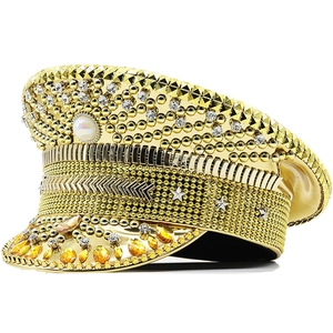 Gold Sequin Captain Hat With Rhinestones And Artificial Pearls Luxury Military Stage Hat For Burning Man Festival Party