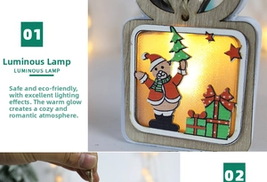 Close-up of a warm glowing wooden Christmas ornament featuring a bear and tree motif
