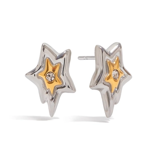Star-shaped stainless steel earrings with gold center and sparkling crystal inlay