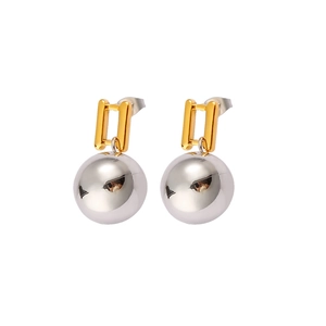 French vintage style gold rectangle earrings with silver polished ball pendants