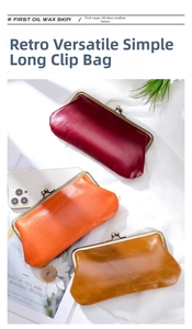 Three vintage oil wax leather long wallets with retro metal clasps in various colors