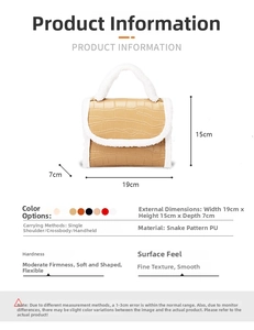 Detailed dimension guide for the crocodile pattern handbag with white faux fur trim