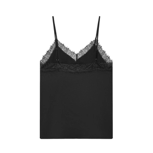 Elegante canotta in raso nero con bordo in pizzo con scollo a V e spalline sottili regolabili