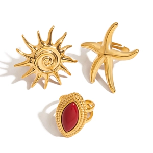 Gold vintage rings set with red agate stone, sunflower and starfish designs in titanium steel
