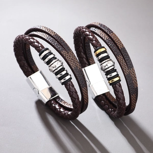 Men Braided Leather Bracelet Multi Layer Vintage PU Leather Bracelet With Alloy Beads Magnetic Clasp For Men