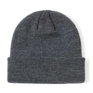 Close-up detail of a classic charcoal gray ribbed knit beanie for infants and kids