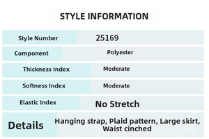 Detailed chart showing composition of 100% polyester plaid dress with waist cinched design