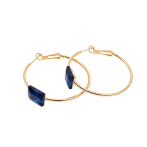 Chic 24k gold plated hoop earrings with blue square crystals on a clean white background