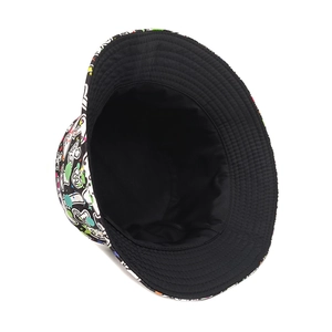 Detail of mushroom graffiti bucket hat with dual-sided design and black inner lining