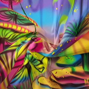 Detail of psychedelic mushroom and tropical leaf print on bohemian wall tapestry fabric
