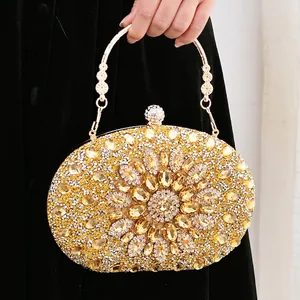 Luxury Rhinestone Evening Clutch Bag Oval Hard Shell Flower Pattern Gemstone Handbag With Metal Handle For Wedding Party