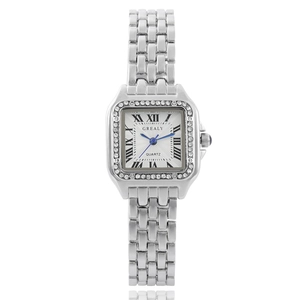Women's silver square quartz watch with crystal bezel and Roman numeral white dial