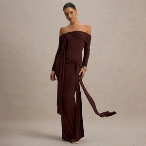 Robe Maxi À Épaules Dénudées Manches Longues Plissée Noeud Latéral Élégante Coupe Ajustée Femmes