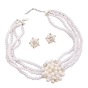 Elegant French vintage multi-layer pearl necklace and earring set with floral crystal pendant