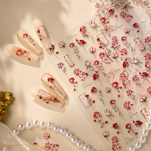 Autocollants nail art roses vintage avec lettres d'amour et motifs floraux dorés