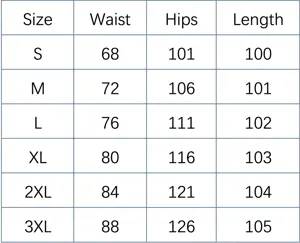 Size chart for striped straight-leg pants with waist and hip measurements in cm
