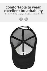 Detail of breathable mesh back and adjustable strap on black baseball cap with C embroidery