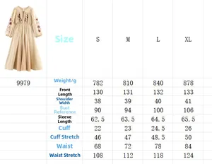 Detailed size guide table for long sleeve heavy embroidery dress with specific measurements