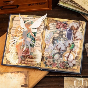 European vintage DIY scrapbook with gold foil, fairy illustrations and floral collages