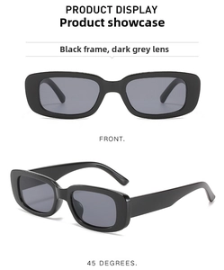 Front and 45-degree angle view of vintage narrow rectangular black frame sunglasses