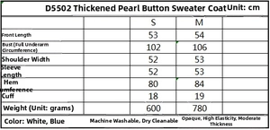 Detailed size chart for women thick pearl button cardigan sweater showing S and M measurements