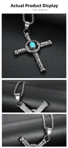 Detailed macro view of vintage cross pendant with turquoise stone and intricate textures