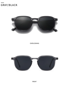 Front and top view of modern retro polarized sunglasses in gray and black finish