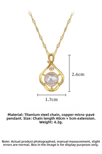 Detail showing pearl lute pendant with micro-inlaid zircons and chain size specs