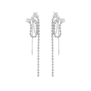 Boucles d'oreilles étoiles argentées avec longs pompons strass pour femmes chic