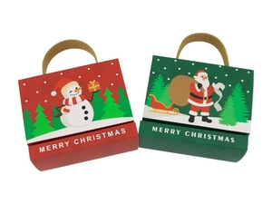 Detail of red and green Christmas gift boxes with snowman and Santa patterns