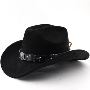 Close-up of black suede cowboy hat featuring a silver lion head metal buckle and textured band