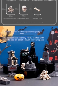Miniature resin skull and bone figurines showing detailed dimensions for Halloween decor