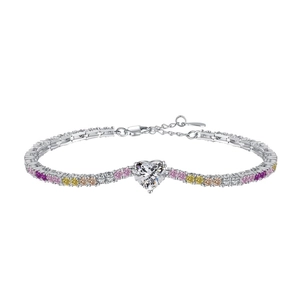 Elegant S925 sterling silver tennis bracelet with colorful heart-shaped cubic zirconia