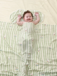 Soft bamboo cotton baby blanket and pillow set with green stripes and rabbit patterns